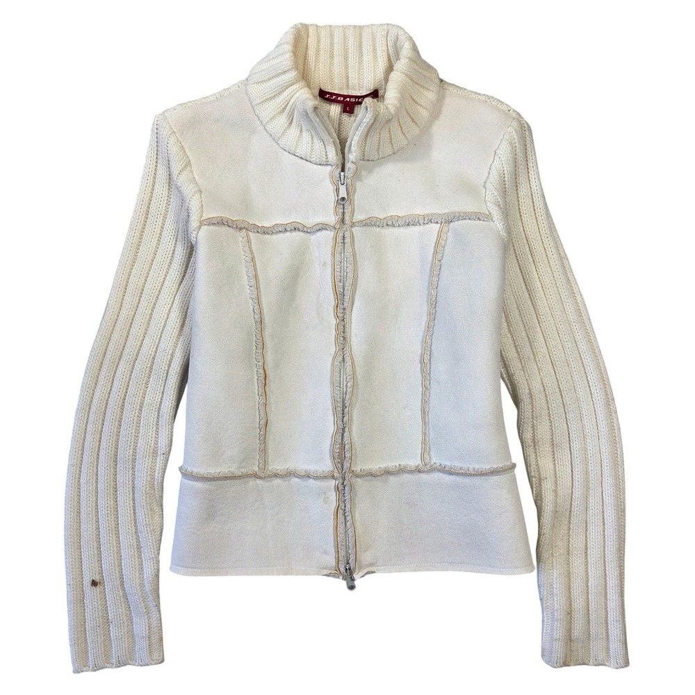 JJ Basics Womens Cream Faux‎ Suede Ribbed Knit Zip Up Jacket L Y2k Bratz 2000s